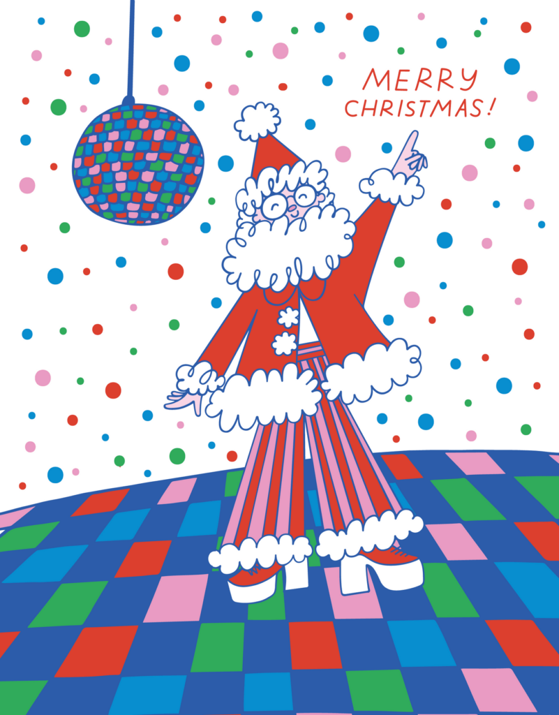 Colorful illustration of Santa Claus dancing under a disco ball with "Merry Christmas!" text, surrounded by dots.