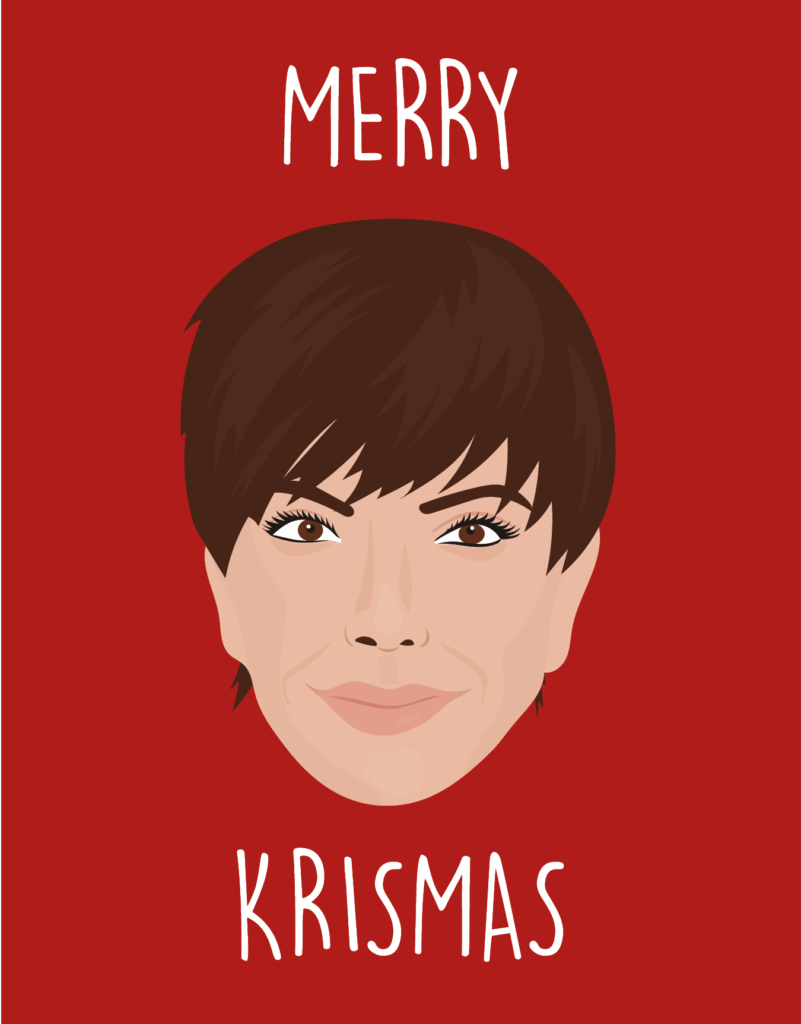 Illustration of a woman's face with "Merry Krismas" text on a red background.