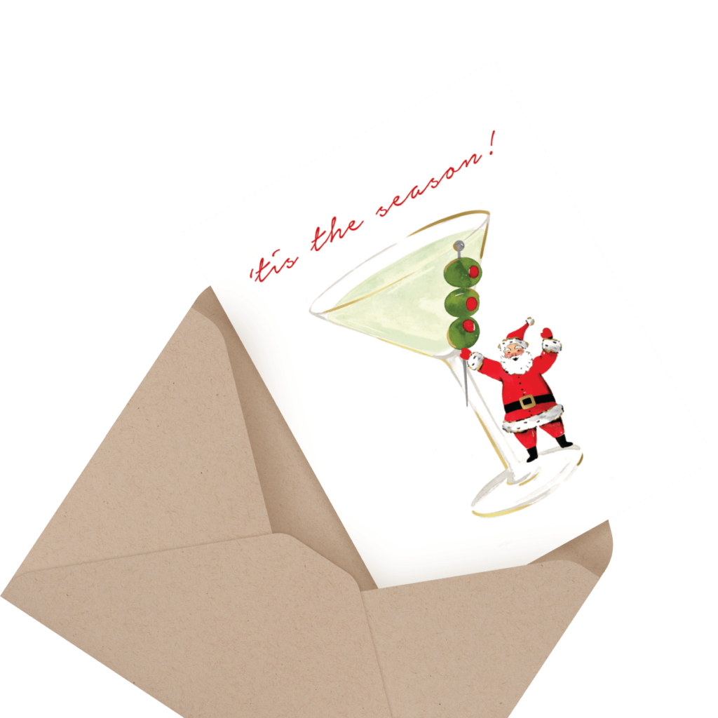 Greeting card with "’tis the season!" text, an illustration of a martini glass with a tiny Santa figure inside, olives on a skewer, and an open brown envelope.