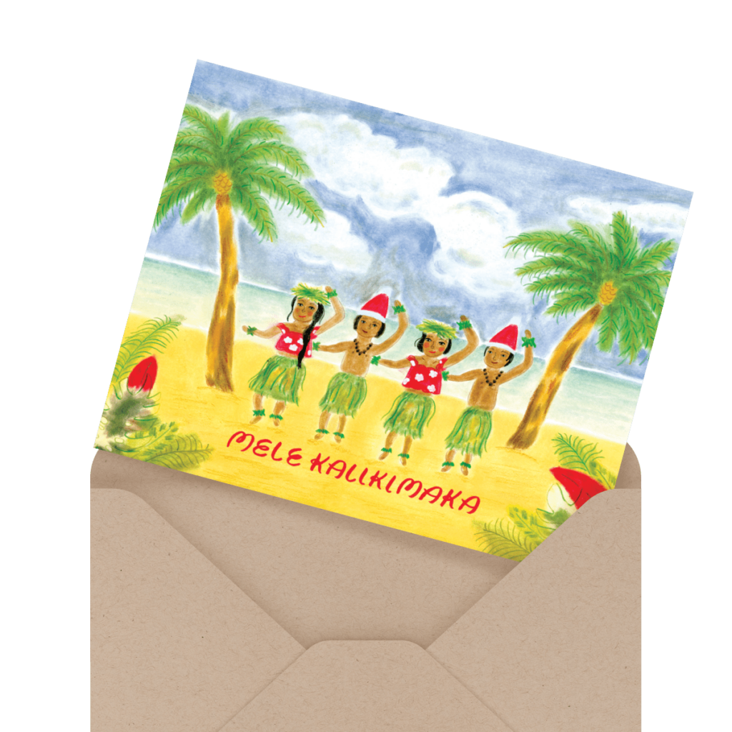 A festive greeting card with "Mele Kalikimaka" on the front, featuring hula dancers under palm trees on a beach, partially inside a brown envelope.