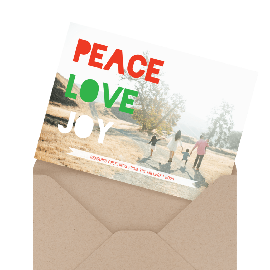 A holiday card in an envelope reads "Peace, Love, Joy" with a family walking outdoors. Text at the bottom says "Season's Greetings from the Millers | 2024.