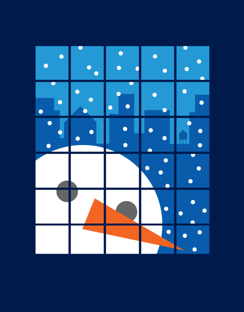 Stylized snowman with an orange carrot nose and a snowy cityscape background, depicted through multiple grid squares.