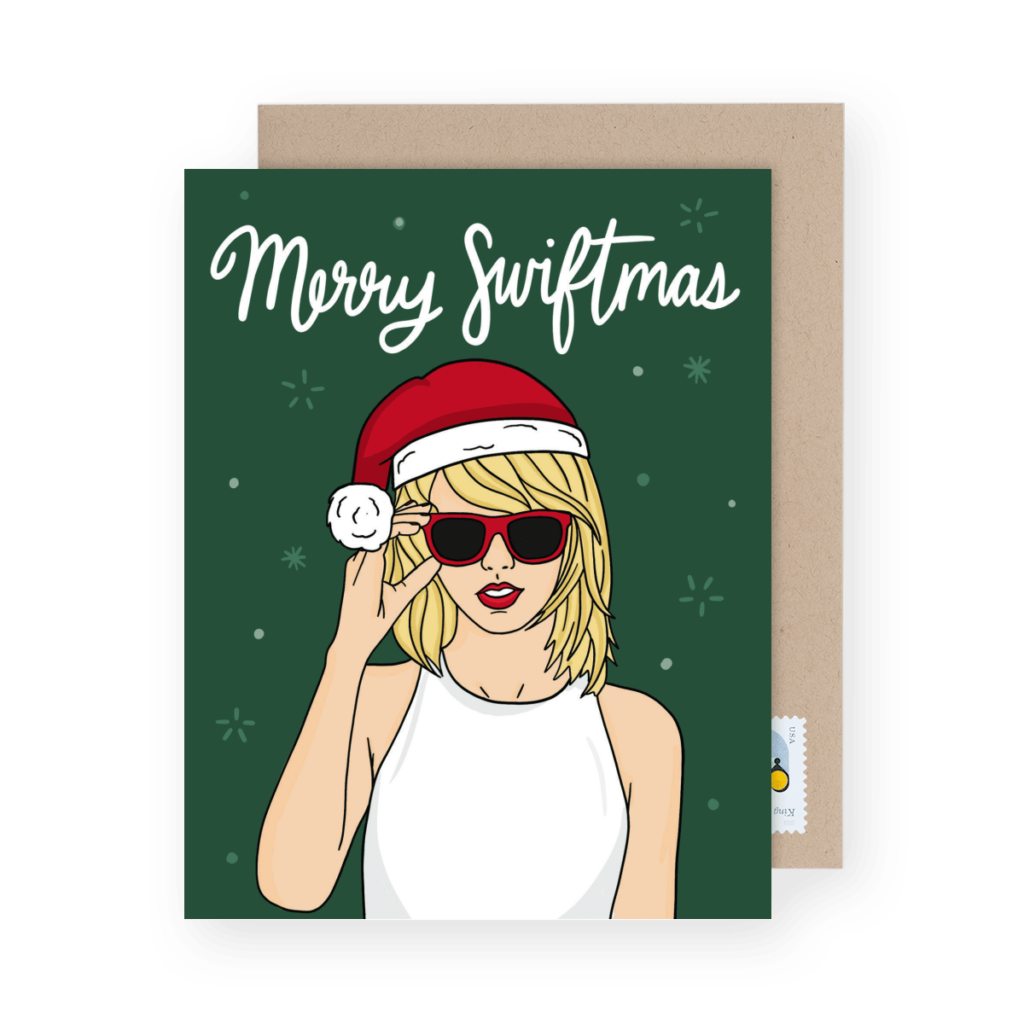 Illustration of a person wearing sunglasses and a Santa hat, with "Merry Swiftmas" written above on a green background.