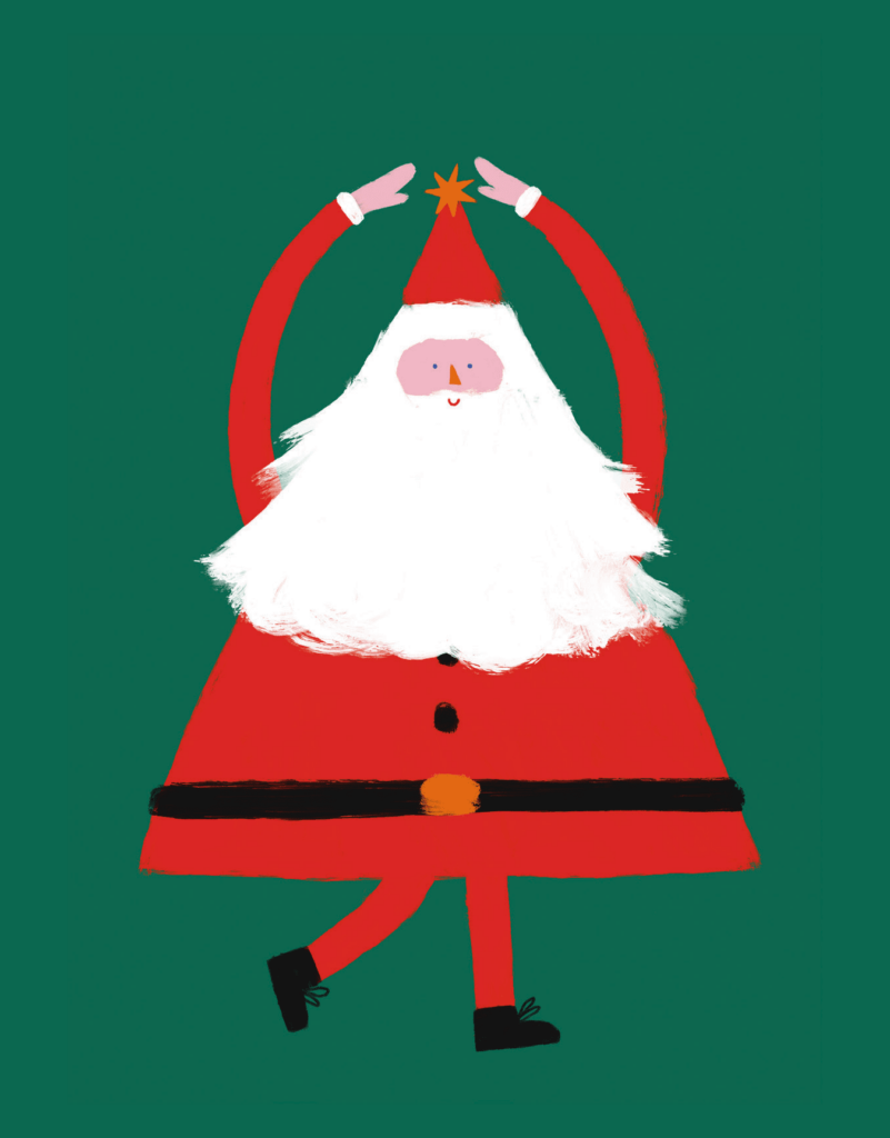 Postable Illustration of Santa Claus dancing with arms raised, set against a green background.