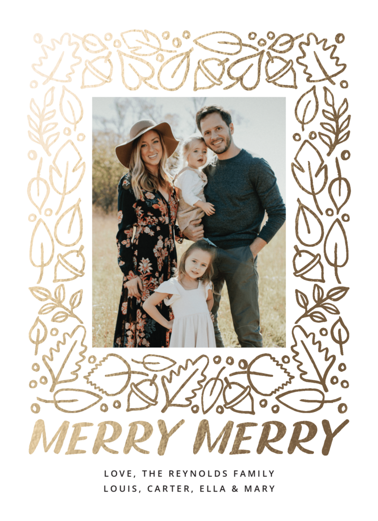 A family posing for a photo with an illustrated gold border on a Postable Christmas card.