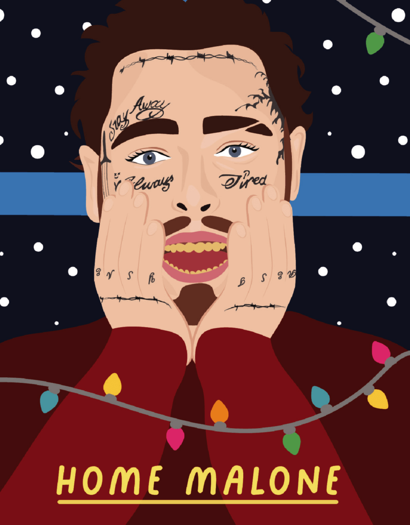 Illustration of a man with facial tattoos, gold teeth, and hands on his face, wearing a red sweater labeled "HOME MALONE" with Christmas lights and a snowy background.