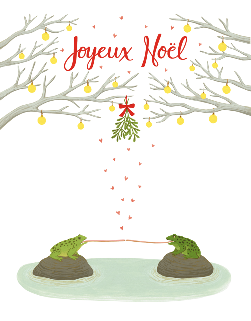 Illustration of two frogs on rocks hold a cracker under mistletoe, surrounded by branches with ornaments, with "Joyeux Noël" written above.