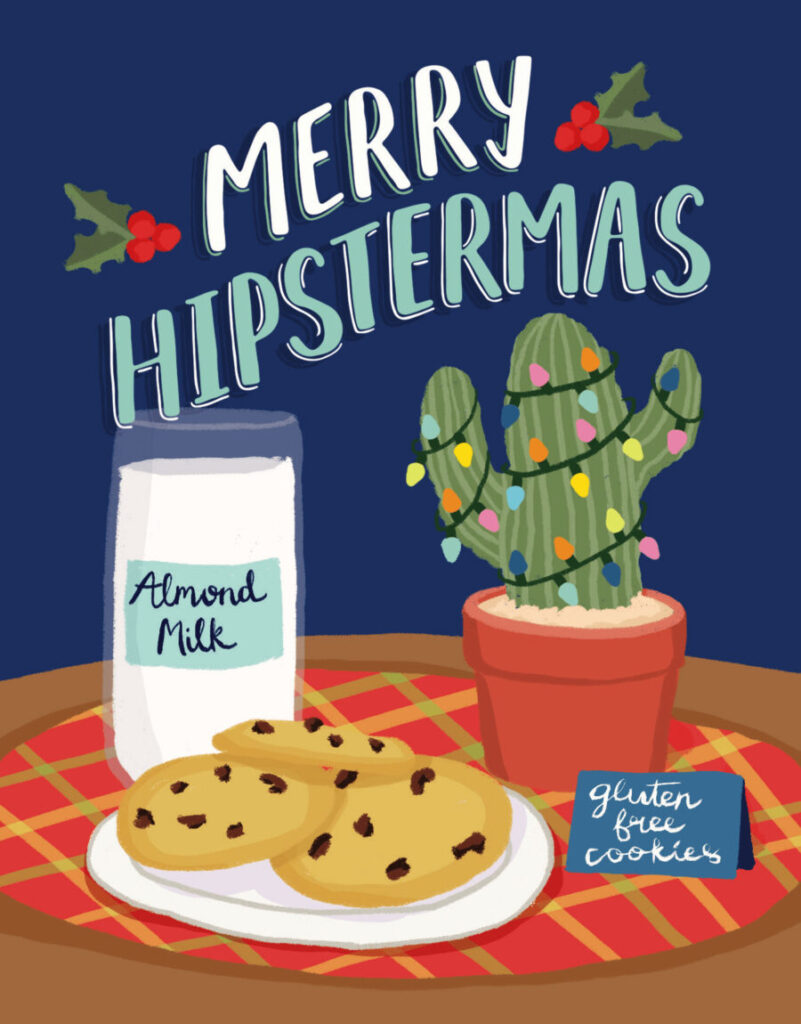 Illustration of a "Merry Hipstermas" greeting with a cactus decorated with lights, a glass of almond milk, and a plate of gluten-free cookies on a red plaid tablecloth.