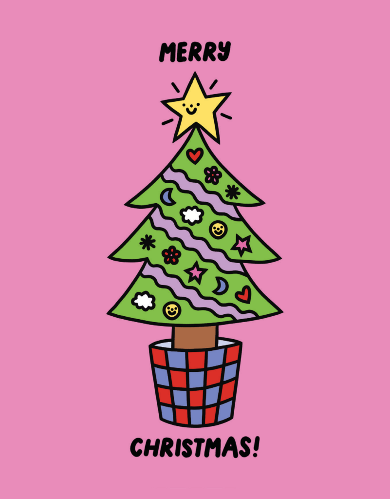 Illustrated Christmas tree with decorations and a star on top, set against a pink background. "Merry Christmas!" is written above and below the tree.