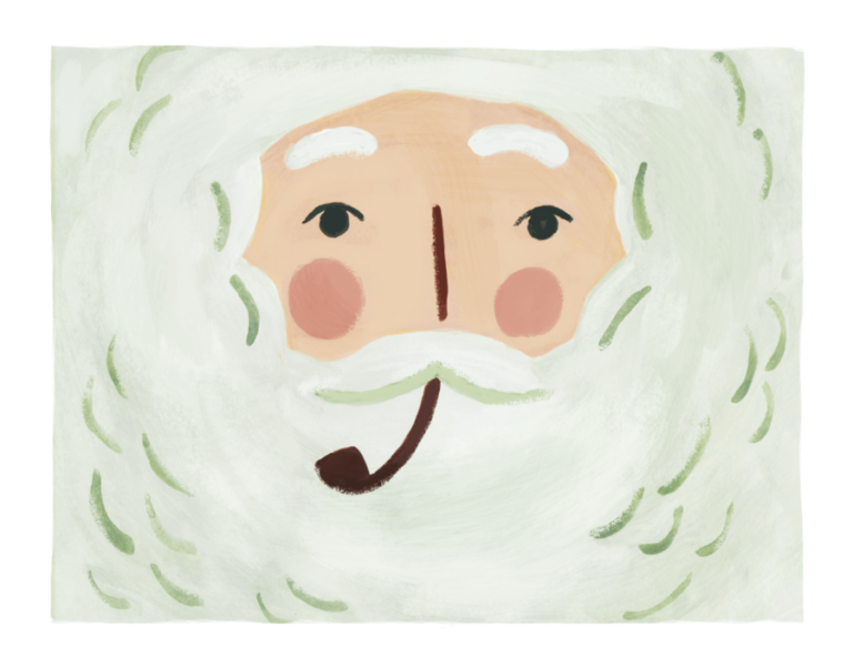 Illustration of St. Nick's face with white hair and beard, rosy cheeks, and a brown pipe.