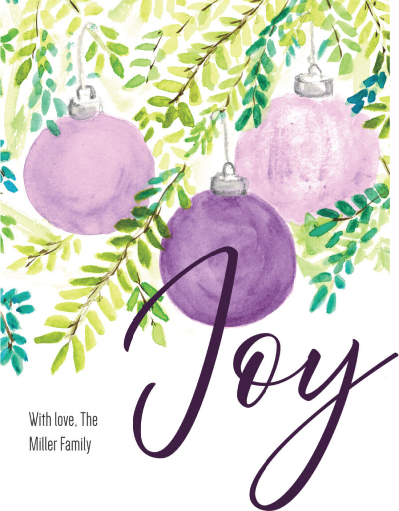 Watercolor illustration of purple ornaments and green foliage above the word "Joy" in script, with text "With love, The Miller Family.