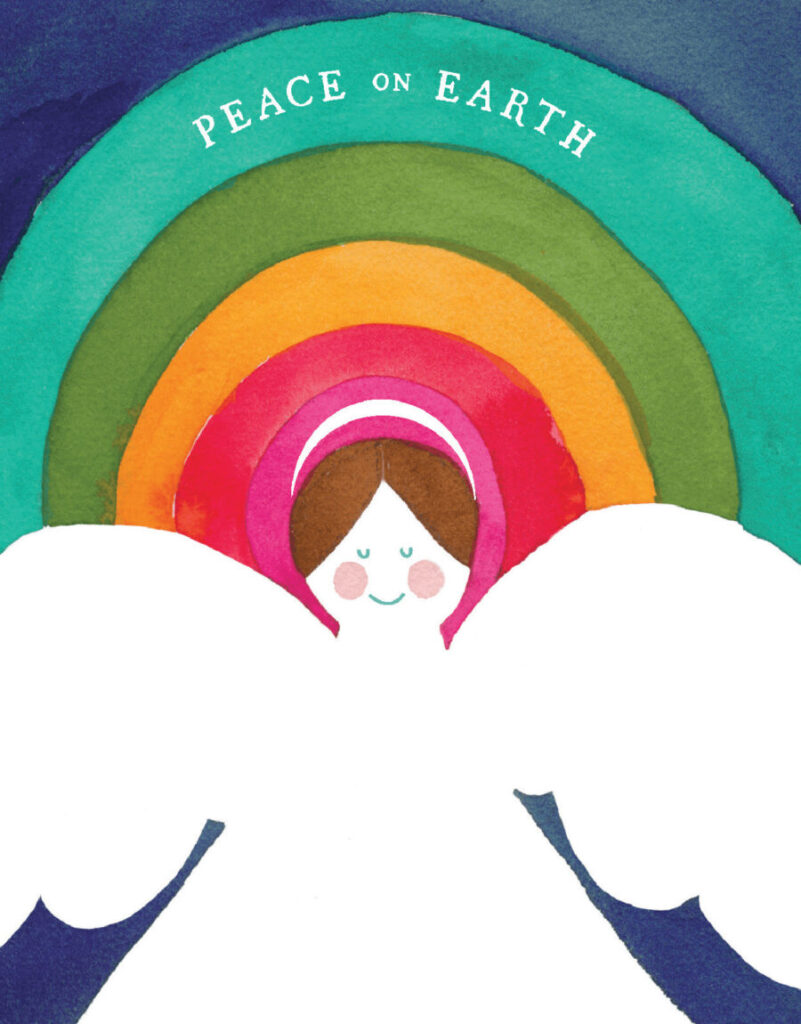 Illustration of an angel with white wings, smiling beneath a colorful rainbow. Text above reads "Peace on Earth.