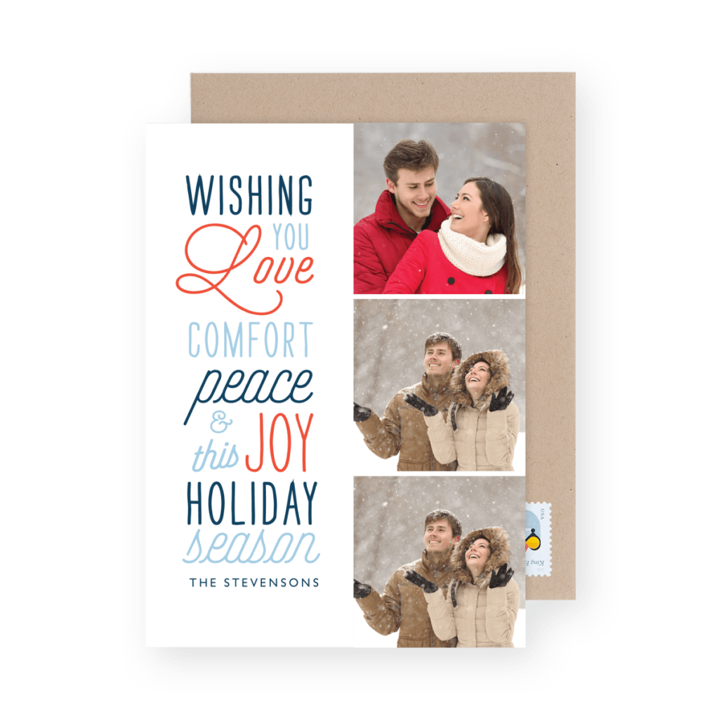 Holiday card with three vertical, snow-filled outdoor photos of a couple, and a greeting message about love, comfort, peace, and joy.