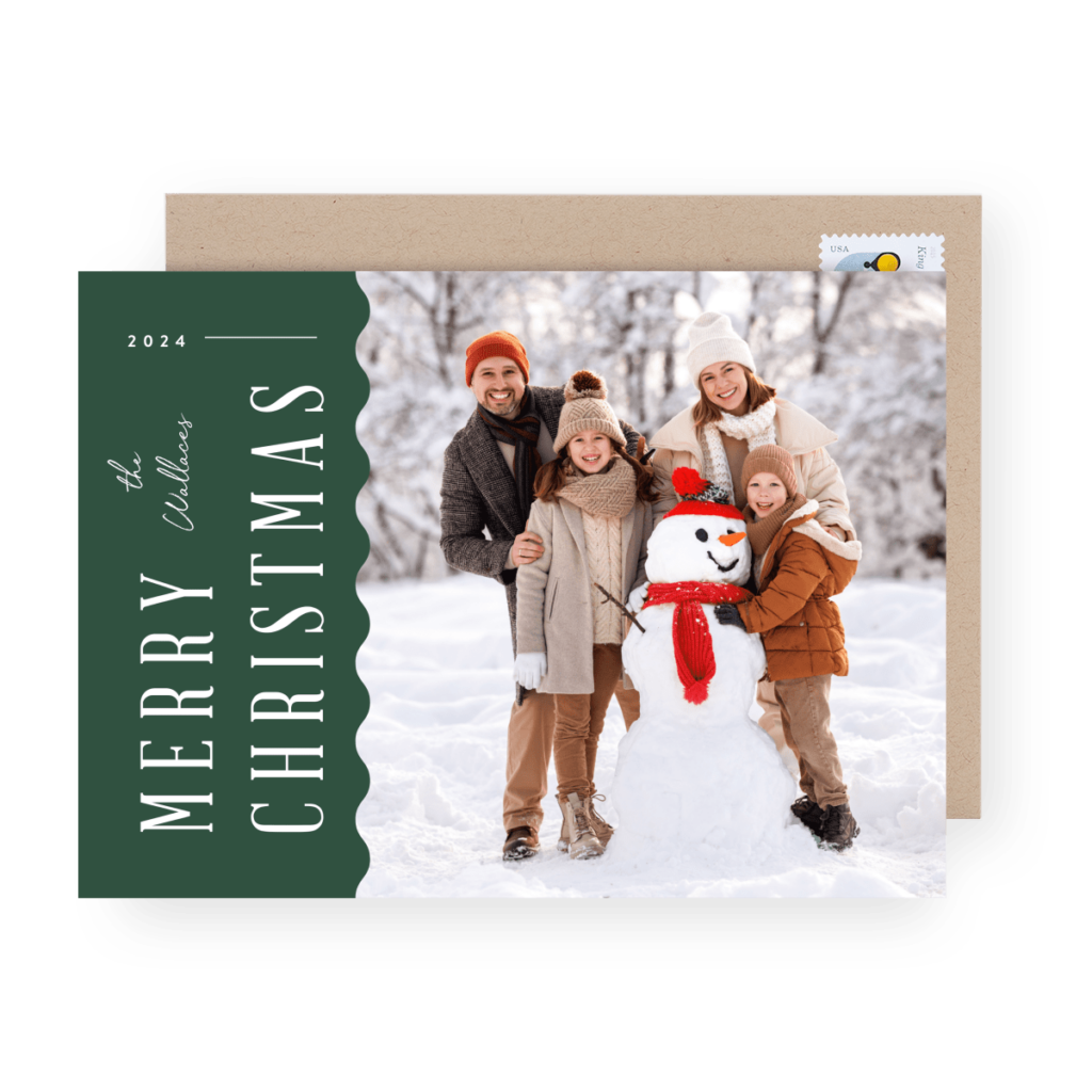 A family of four wearing winter clothes poses beside a snowman in a snowy landscape with "Merry Christmas 2024" written on the left.