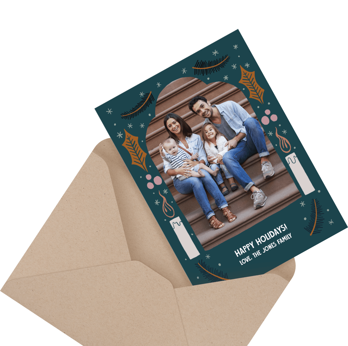 Holiday card with a family of four sitting on steps, surrounded by festive decorations. The card reads: "Happy Holidays!