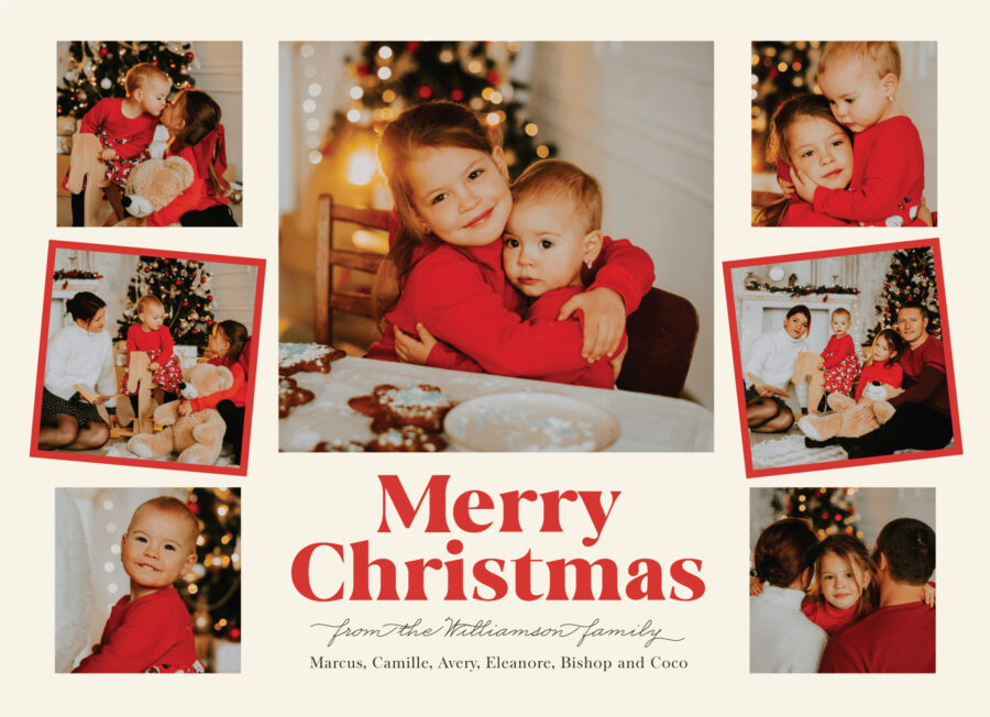 A collage of Christmas family photos with children hugging and playing near a decorated tree. The words "Merry Christmas" and family names are written in red text.