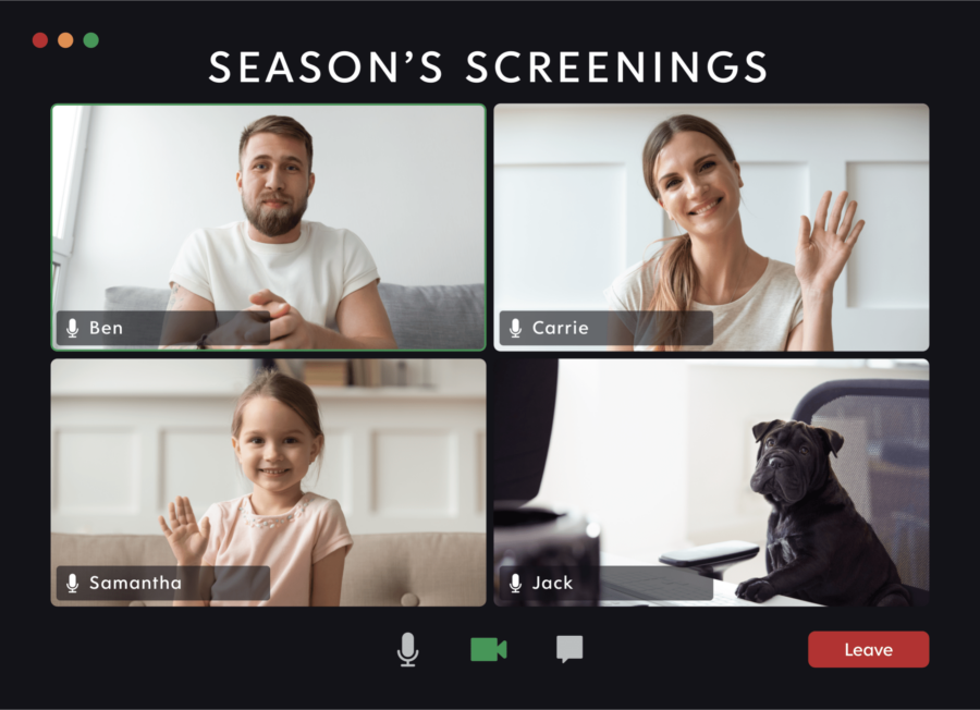 A video call with three people and a dog named Jack. Ben holds a tablet, Carrie and Samantha wave. The screen shows "Season’s Screenings" at the top.