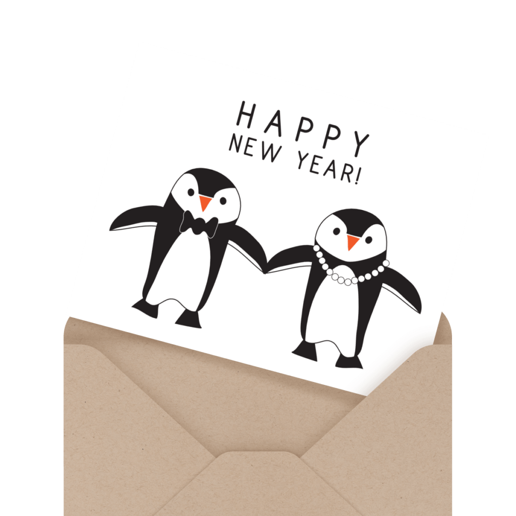 Illustration of two penguins holding hands on a card with "Happy New Year!" text, placed inside a brown envelope.