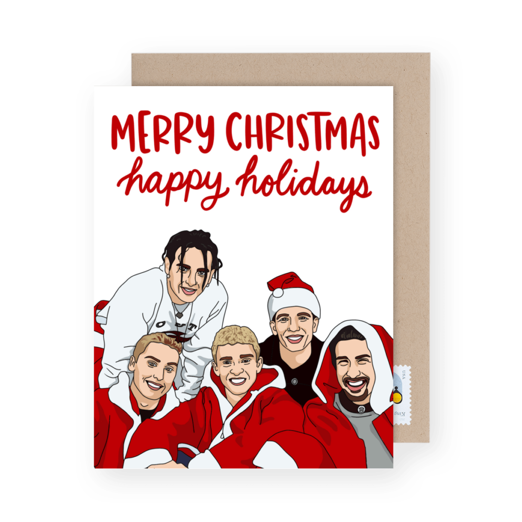 Illustration of five people in red and white Santa outfits with "Merry Christmas, happy holidays" written above them.