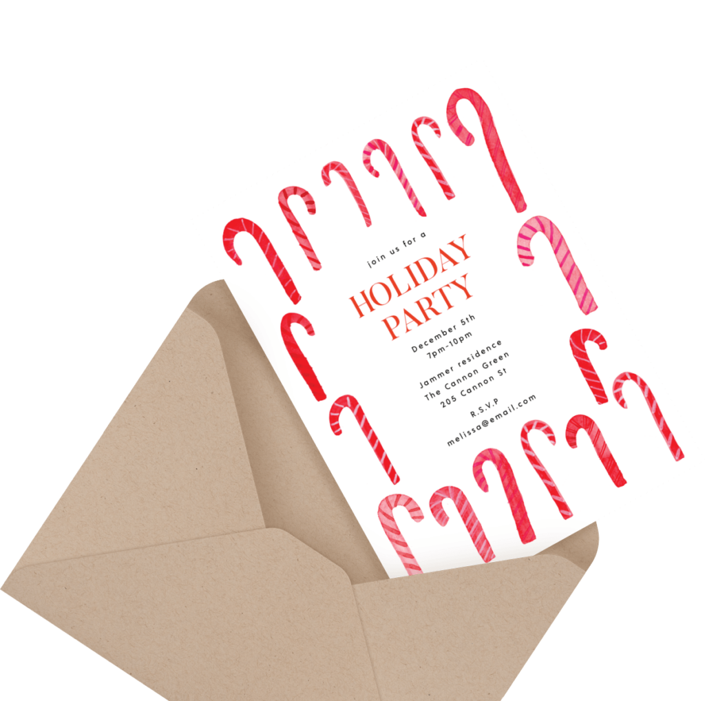 Holiday party invitation with red candy cane decorations, displayed on a brown envelope. Party details include date, time, and location.