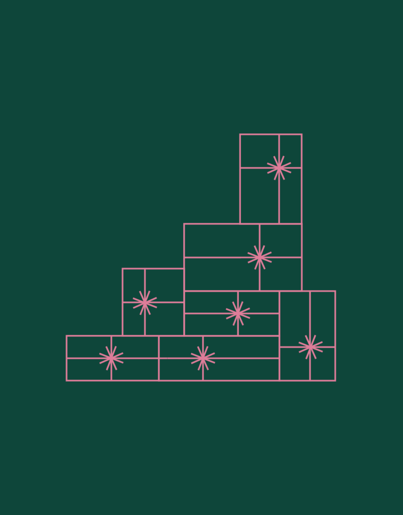 Abstract geometric design with pink outlined rectangles stacked in a stair-like formation on a dark green background, reminiscent of festive Christmas party themes, featuring starburst patterns inside each rectangle.