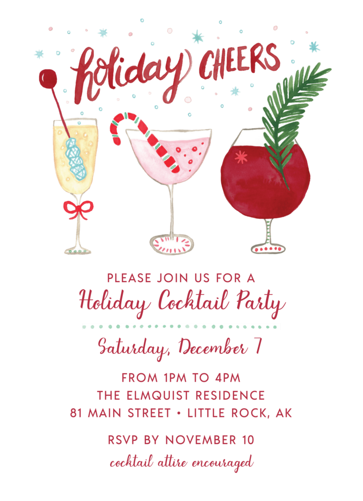 Illustration of holiday cocktails with festive decorations. Text invites guests to a Holiday Cocktail Party on December 7, 1-4 PM, at Elmquist Residence, Little Rock, AK.