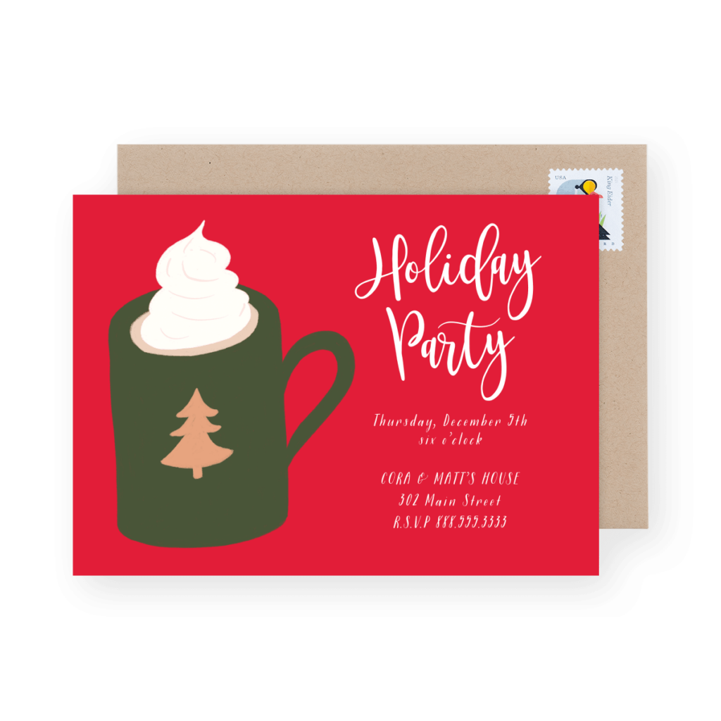 Red holiday party invitation with a green mug and whipped cream design. Text details the event on Thursday, December 7th, at 6 o'clock, with address and RSVP information.