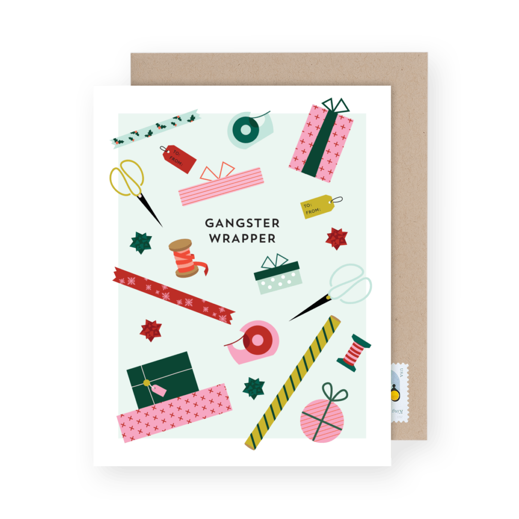 Card and envelope featuring festive wrapping supplies like ribbons, scissors, and gift boxes with the text "Gangster Wrapper.