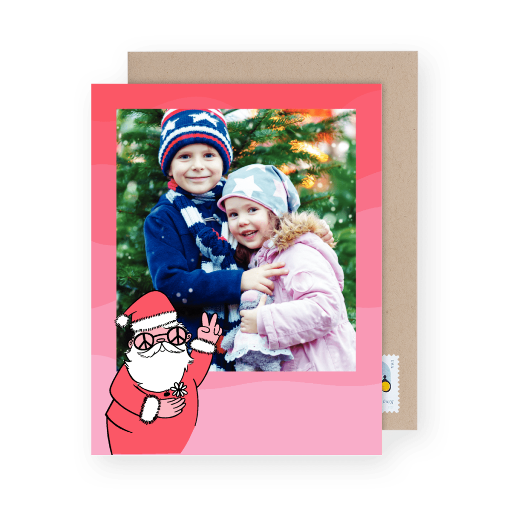 Two children in winter clothing stand in front of a Christmas tree, with a cartoon Santa waving in the foreground on a pink card, capturing one of those delightful Christmas party themes.