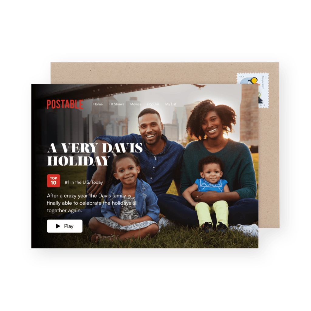 A family sits on grass, smiling for a photo. The image graces a postcard promoting the TV show "A Very Davis Holiday," ranked top 10, featuring the Davis family embracing festive Christmas party themes as they celebrate the holidays together.