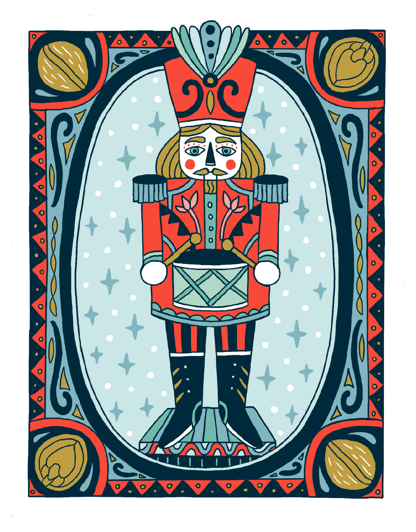 Illustration of a nutcracker soldier in a red uniform with a drum, framed by an ornate border.