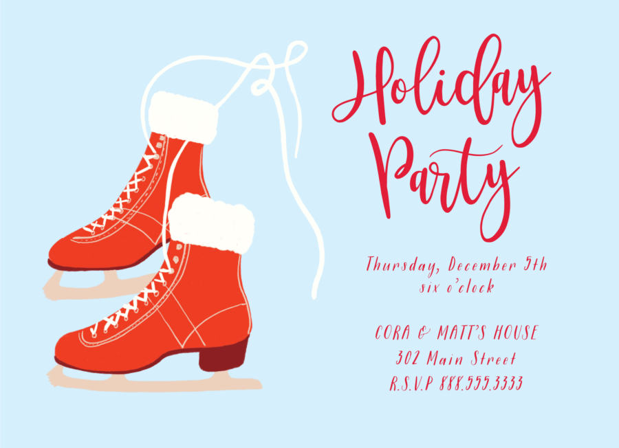 Illustrated holiday party invitation featuring red ice skates with white laces and text details in red and black on a light blue background.