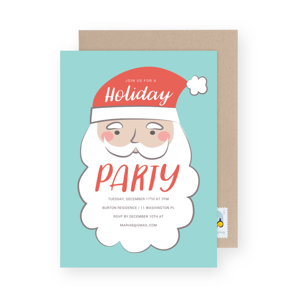 Holiday party invitation with an illustration of Santa's face on a light blue background. Details include date, time, location, and RSVP email.