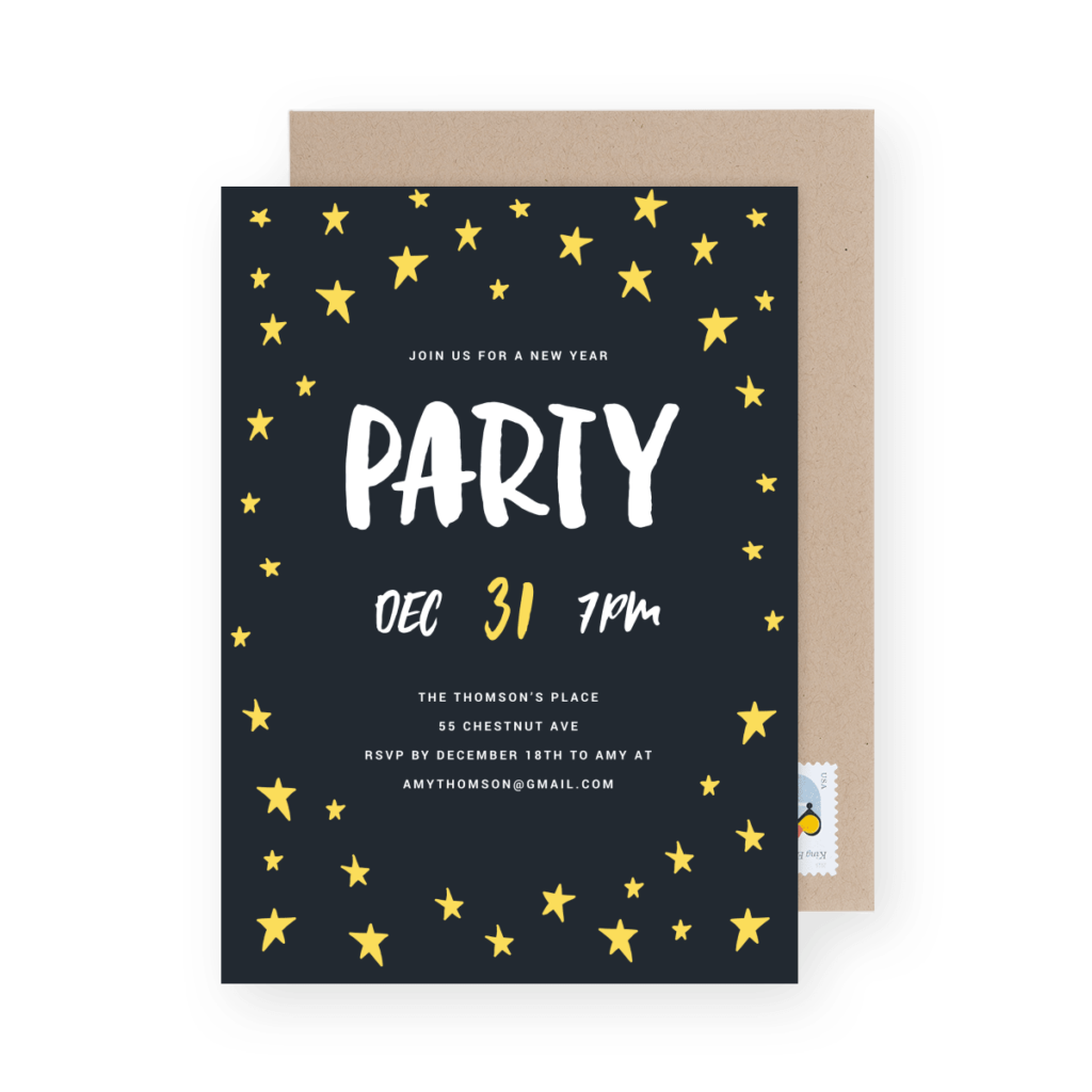 Party invitation with stars, reading: "Join us for a New Year party, Dec 31, 7 PM, The Thomson's Place, 55 Chestnut Ave. RSVP by Dec 18.