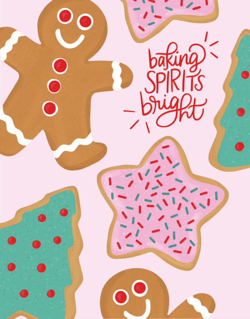 Illustrated holiday cookies: gingerbread man, star with pink icing and sprinkles, and tree with green icing and red dots. "Baking Spirits Bright" text in red.