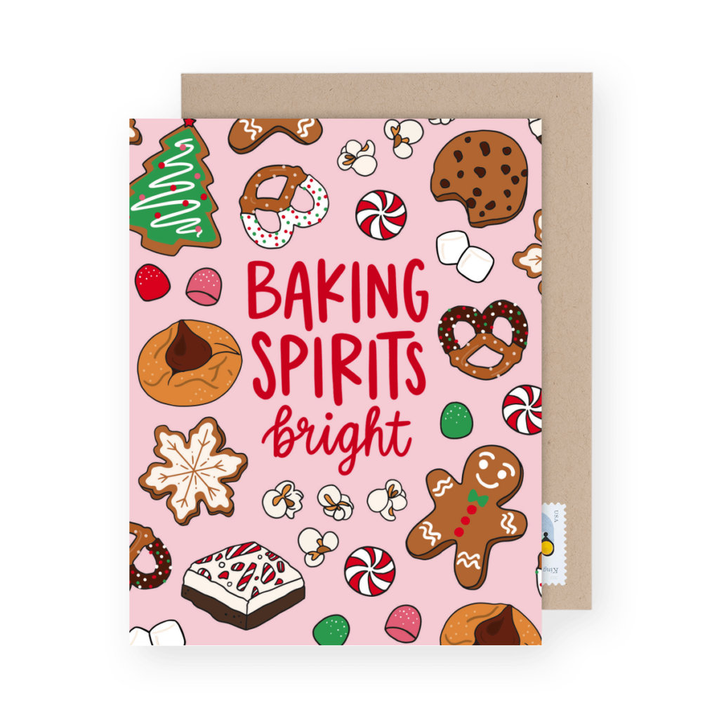 A festive card with cookies, gingerbread, and candies surrounding the phrase "Baking Spirits Bright" on a pink background.