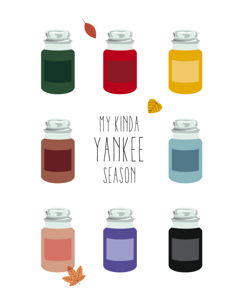 Eight colored candle jars arranged in a circle with autumn leaves, centered text reads "My Kinda Yankee Season.