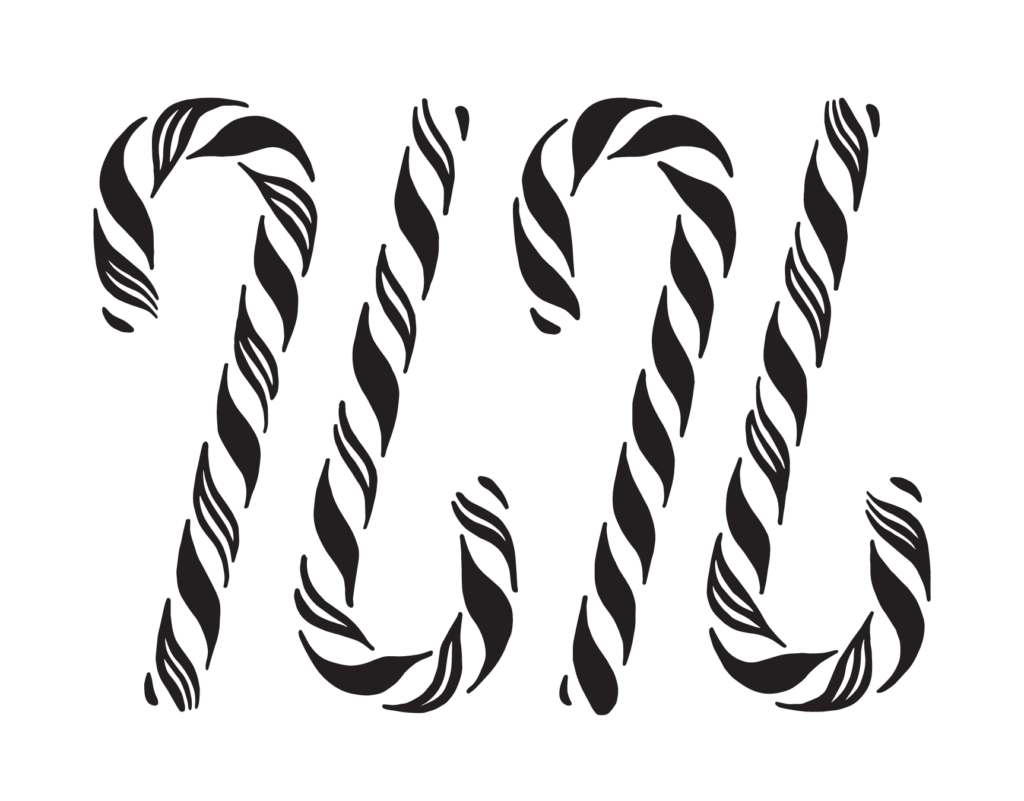 Black and white illustration of four candy canes with swirling stripe patterns over a transparent background to give at fun Christmas party.