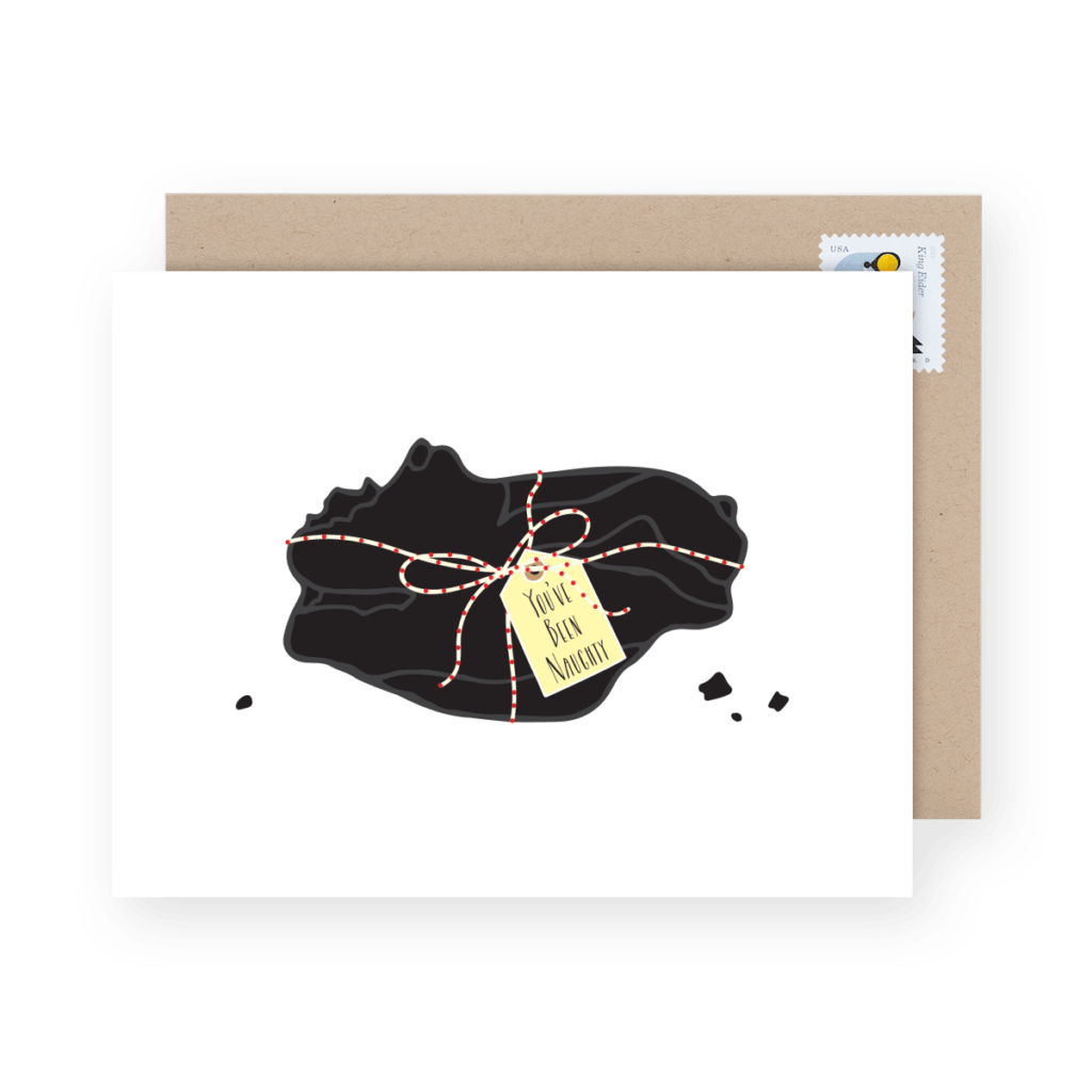 Illustration of a lump of coal wrapped with string and a tag reading "You've Been Naughty" on top of a brown envelope with a stamp.