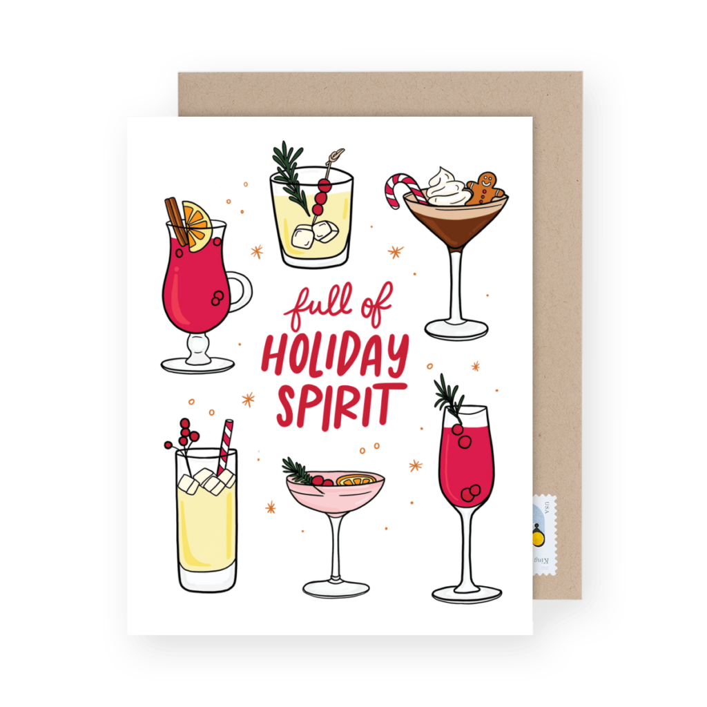 Illustration of six festive cocktails around the phrase "full of holiday spirit" on a greeting card.