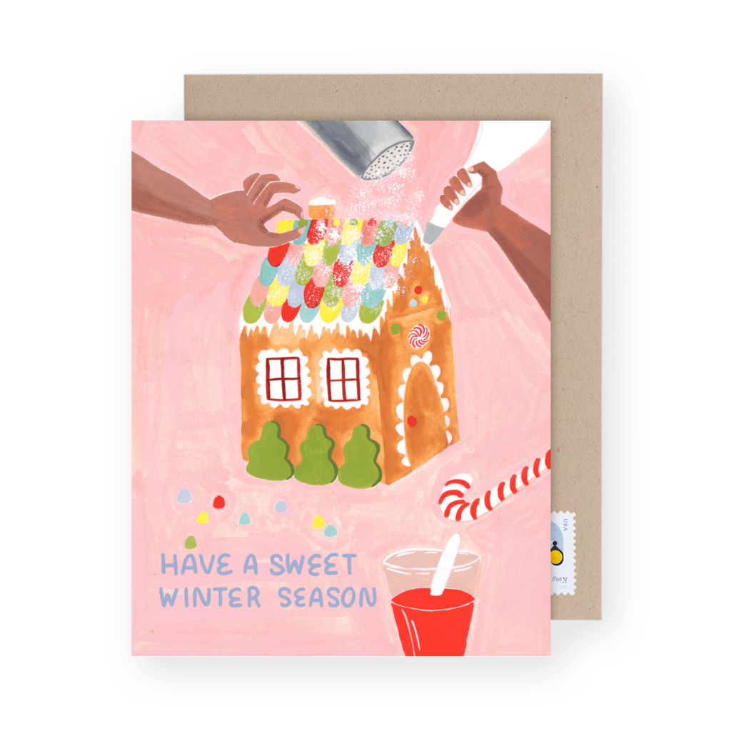 Illustration of a gingerbread house being decorated with candy and frosting, with text "Have a Sweet Winter Season" and a candy cane in a drink nearby.