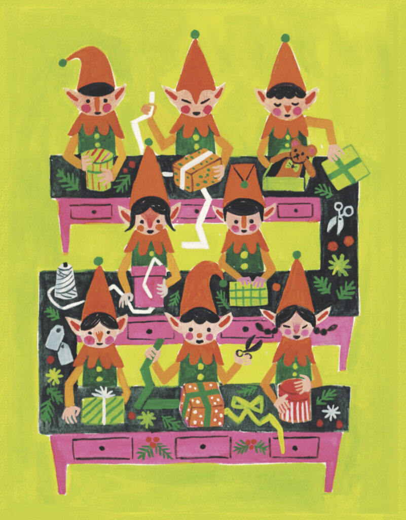 Illustration of six elves with red hats wrapping and decorating gifts at pink tables on a green background.