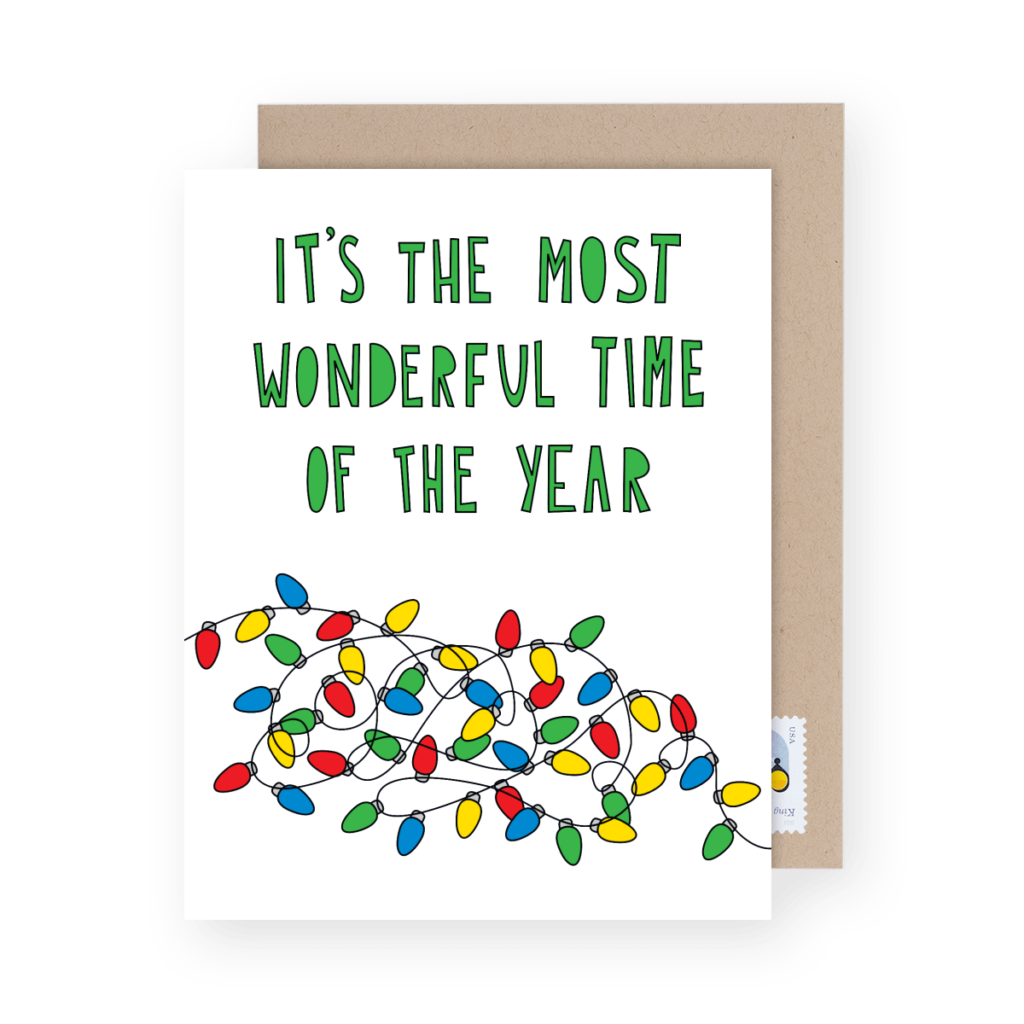 Greeting card with "It's the most wonderful time of the year" text above colorful Christmas lights illustration.