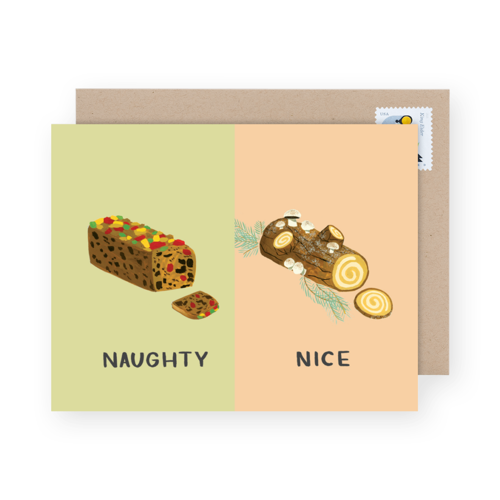 Card with "Naughty" showing fruitcake and "Nice" showing Yule log cake, next to a kraft envelope with a stamp.