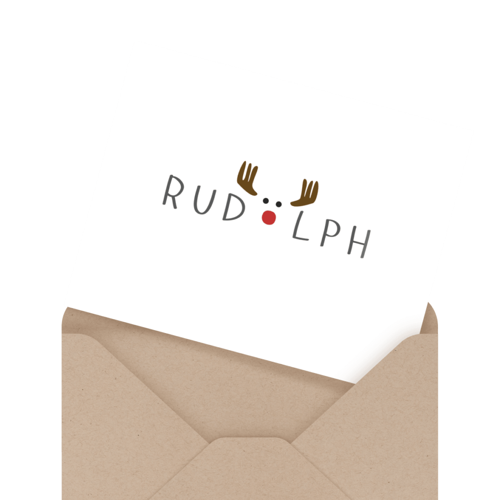 A card with "RUDOLPH" written, featuring antlers and a red nose on the letter "O," is partially inside a brown envelope.