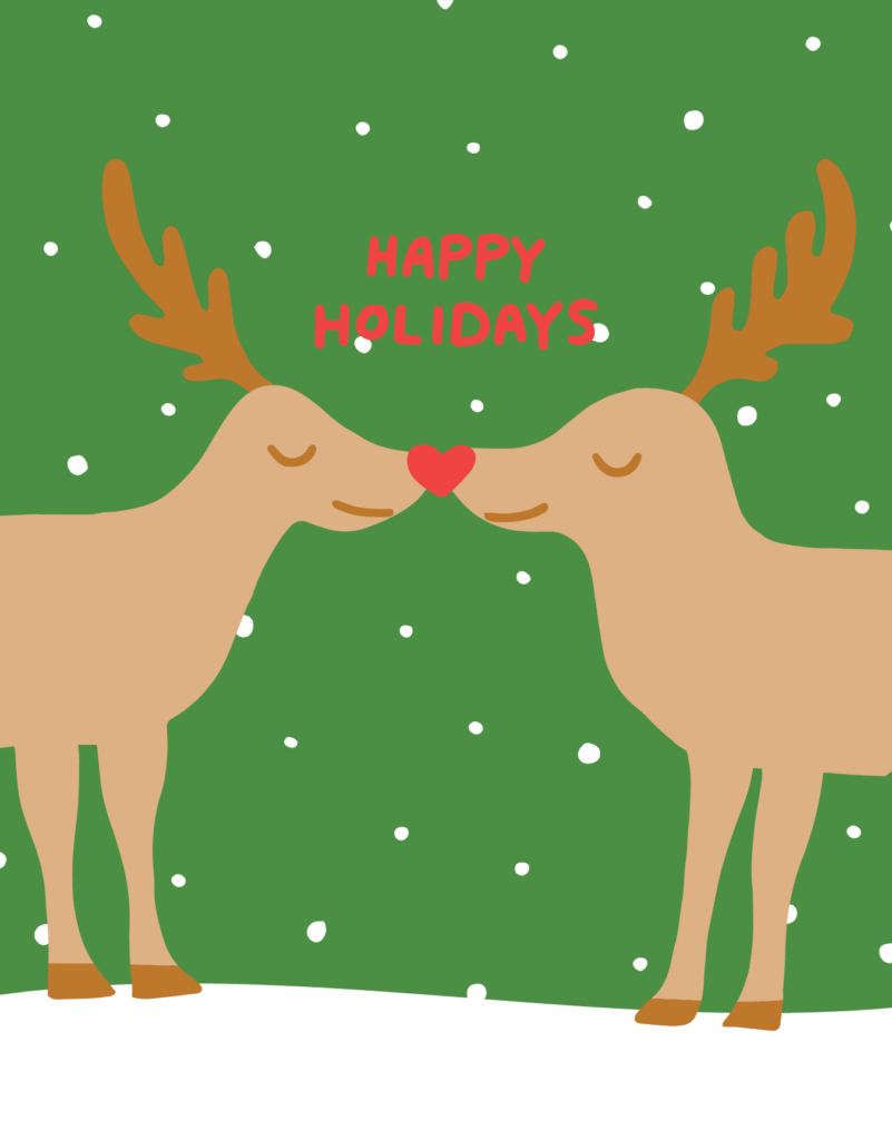 Two cartoon reindeer touching noses with a red heart between them, surrounded by falling snowflakes. The background is green with the words "Happy Holidays" written above.