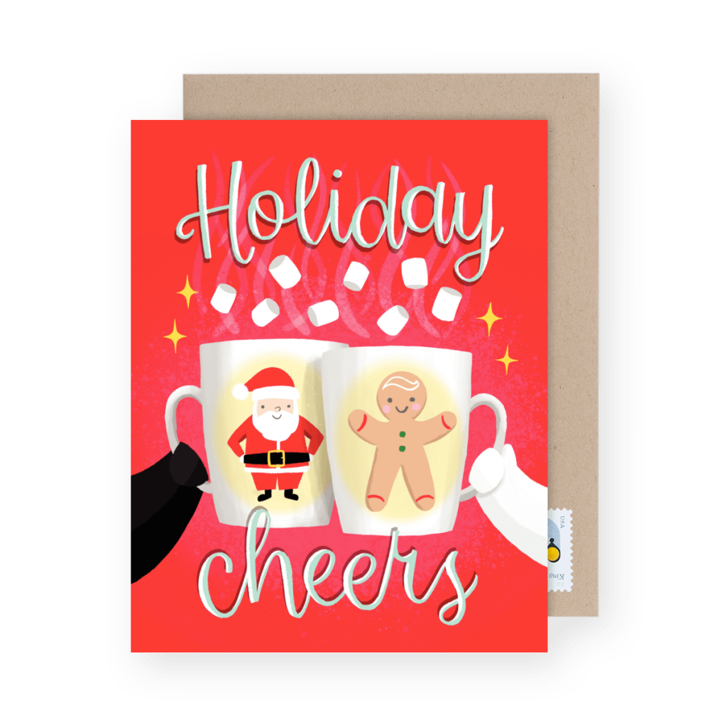 Holiday card with two mugs clinking. One mug has Santa, the other a gingerbread person. Text reads "Holiday Cheers.