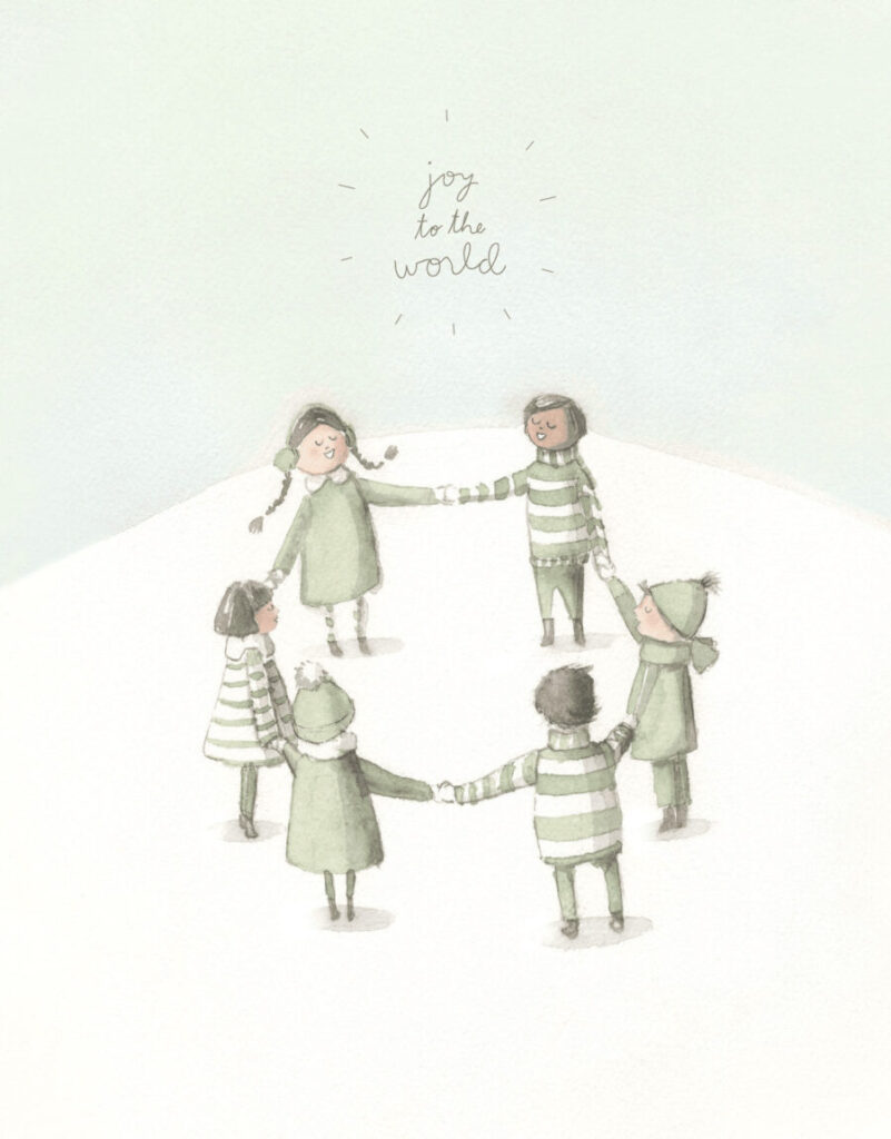 Illustration of children in winter clothes holding hands in a circle with "joy to the world" written above.