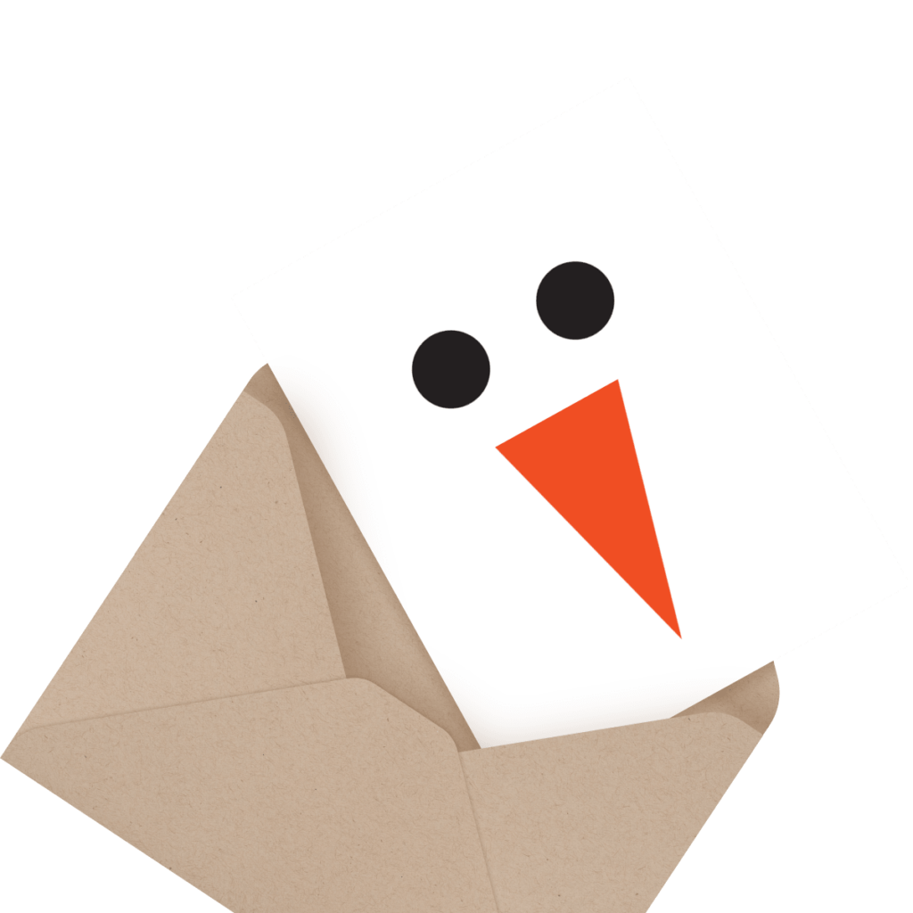 Card with a snowman's face partially inside a brown envelope.