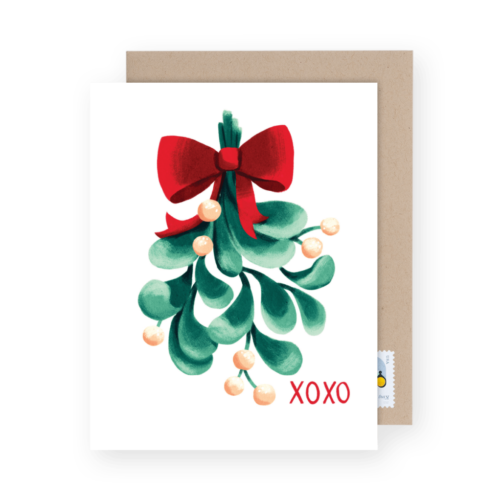 Greeting card with an illustration of mistletoe tied with a red bow, featuring white berries, and the text "XOXO" in red at the bottom right.